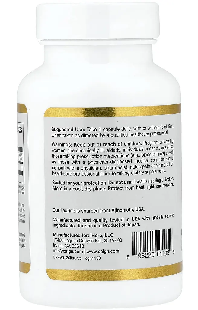 Амінокислота Таурин 1000 мг, California Gold Nutrition, 60 веганських капсул - фото 3