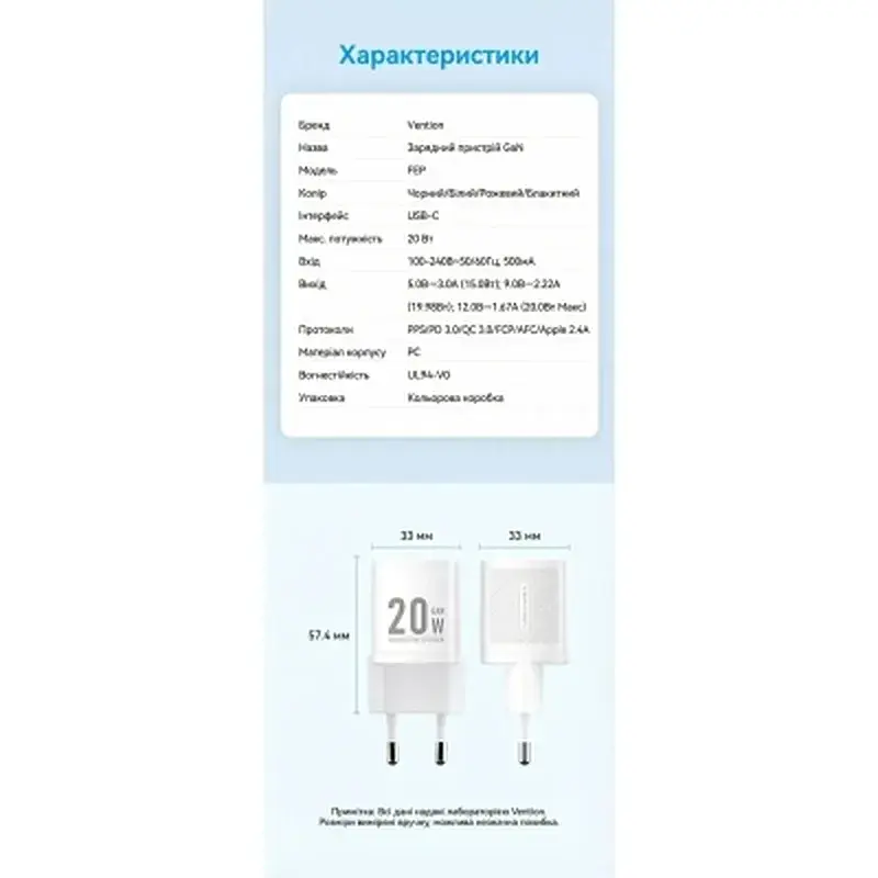 Зарядний пристрій Vention USB-C PD20W GaN white (FEPW0-EU) - фото 10