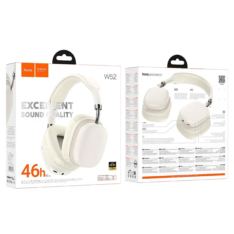 Накладные наушники Hoco W52 Wonderful, BT headphones, BT5.4, AUX, TF, 400mAh, 46h, Milky white - фото 3