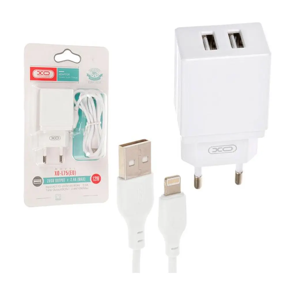 Зарядний пристрій XO L75 2USB/2.4A + Lightning White (XO-L75-L) - фото 2