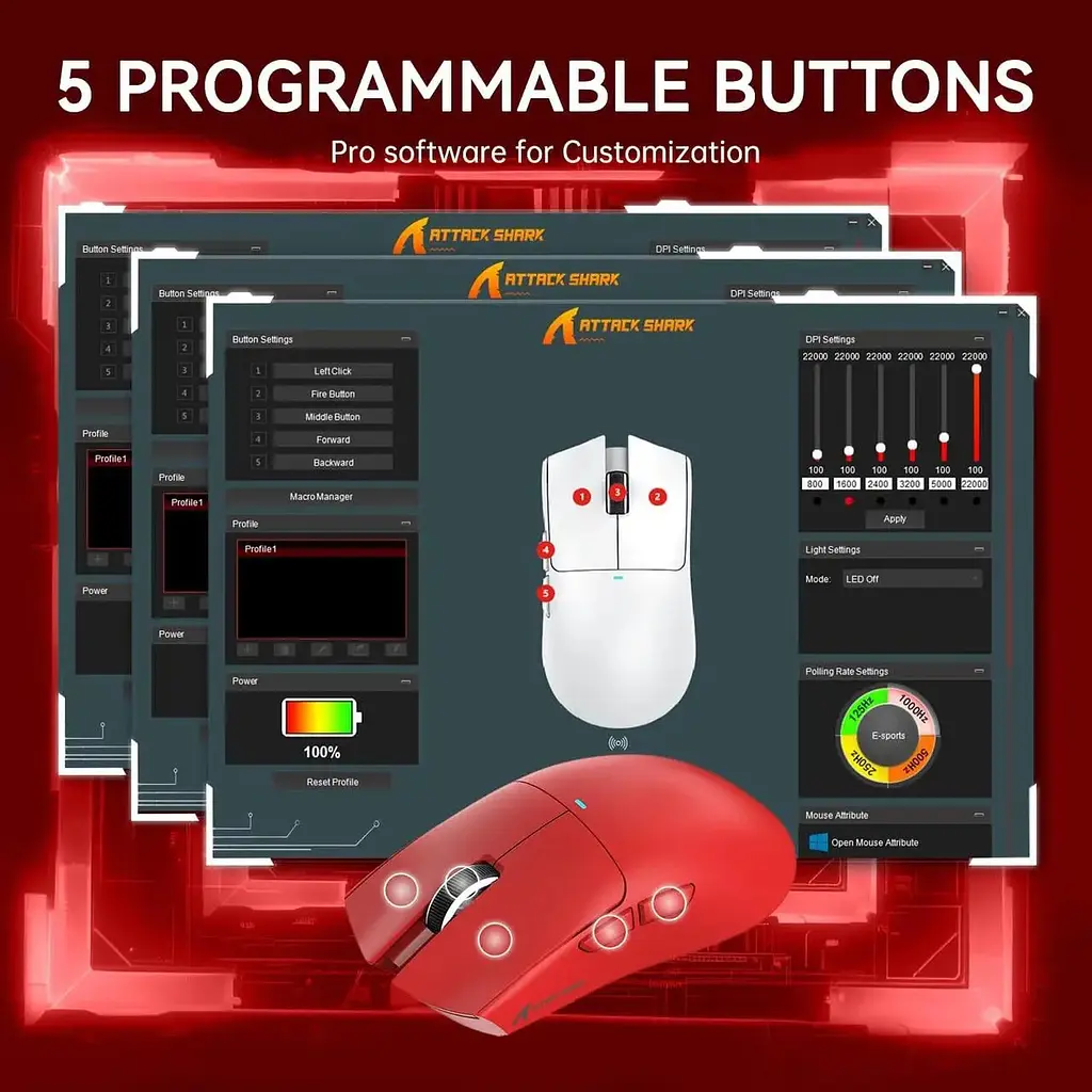 Компьютерная мышь Attack Shark X11 беспроводная, игровая, PAW3311, 22000 DPI 2,4G+Bluetooth Red - фото 5