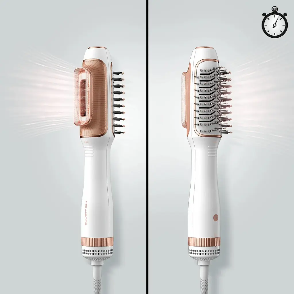 Фен Rowenta-щетка Reverso Dry&Brush 2в1, 1200Вт, 3 режима, ионизация, холодный обдув, насадок-2, керамика, бело-золотистый - фото 8