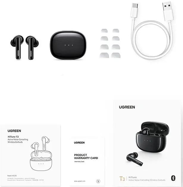 Беспроводные наушники Ugreen WS106 HiTune T3 Active Noise-Cancelling Wireless Earbuds (Black)(UGR-90401) - фото 2