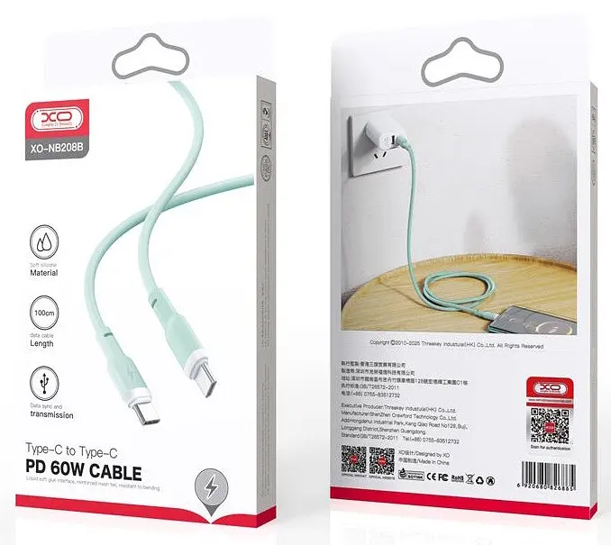 USB Кабель XO NB208B Type-C-Type-C Liquid Silicone 60W 5A 1.0m Зелений - фото 2