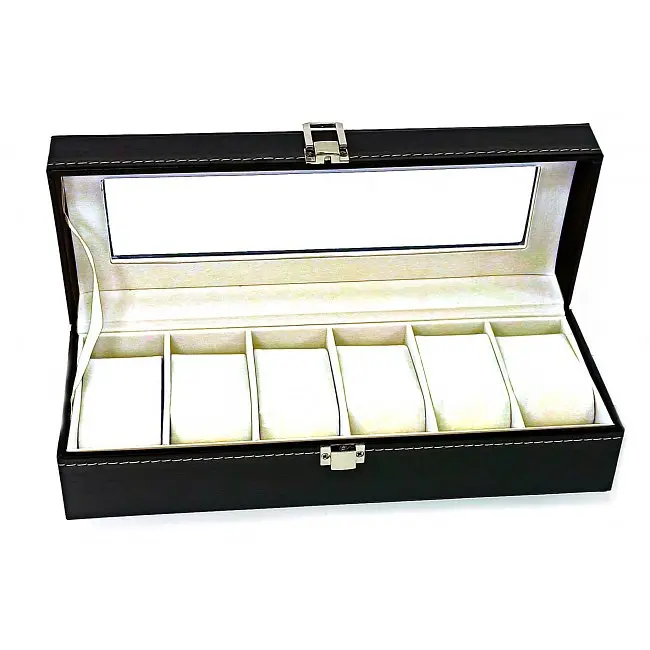 Шкатулка для годинників гладка чорна шкіра 30.5х11х8 см (30775) - фото 4