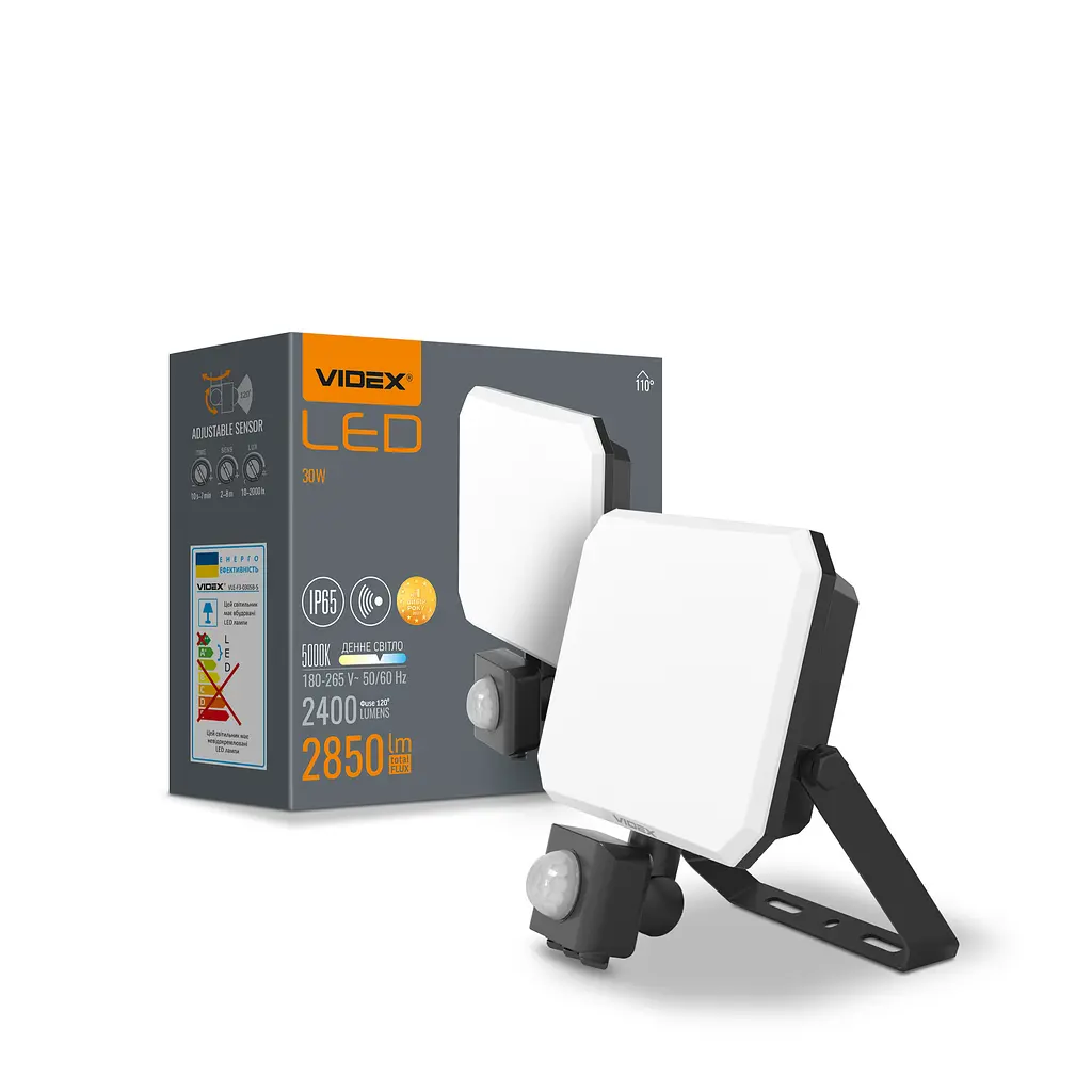 LED прожектор Videx F3, 30W 5000K з датчиком руху 220V Black (VLE-F3-0305B-S) (27717-000)