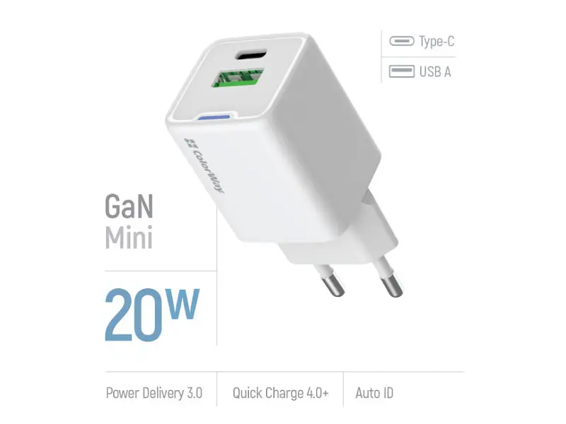 Мережевий зарядний пристрій ColorWay GaN Mini 20 W White (CW-CHS062PD-WT) - фото 4