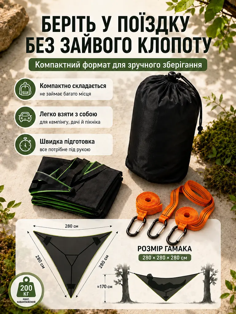 Трикутний гамак-сітка підвісний 280x280x280 см до 200 кг, чорний (49675900) - фото 8