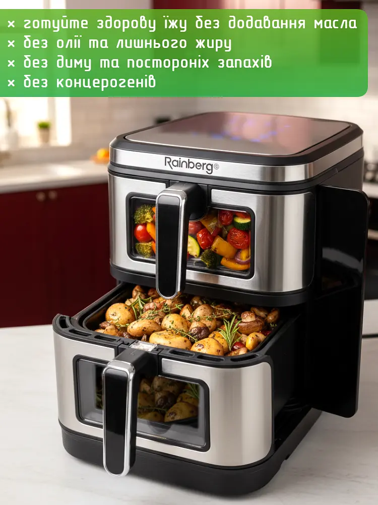 Багатофункціональна мультипіч, аерогриль з двома чашами Rainberg AIR FRYER GRILL на 15 літрів 4800 Вт - фото 6