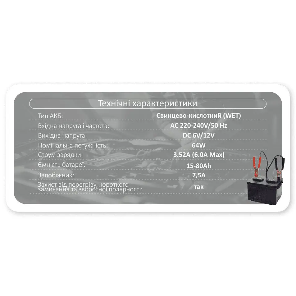 Зарядний пристрій автомобільний Pulso 6&12V/6A/15-80AHR (BC-15860) - фото 9