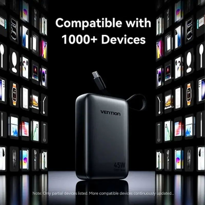 Батарея універсальна Vention 20000 mAh 45W Mini with Built-in USB-C Cable Gray (FHGH0) - фото 9
