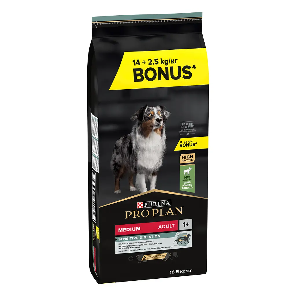 Сухий корм Purina Pro Plan Medium Adult 1+ Sensitive Digestion для дорослих собак середніх порід з чутливим травленням з ягням 14 кг + 2.5 кг - фото 2