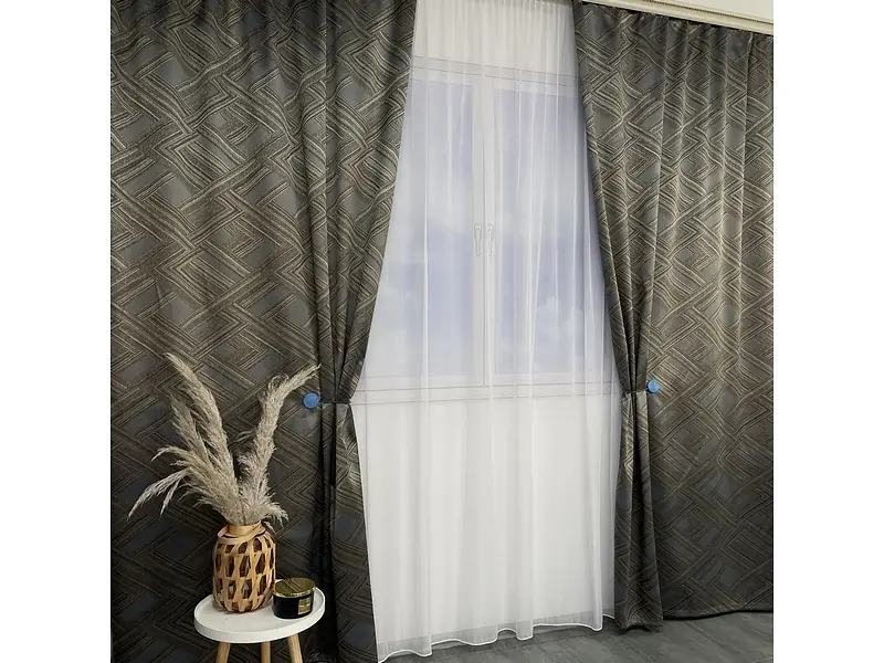 Жакардові штори "геометрія" блідо-синього кольору 2шт. 150х270 з білим шифоновим тюлем 400х270, на т ALBO pbe0052586 - фото 10