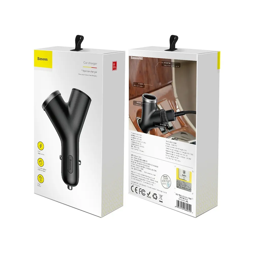АЗП Baseus Y type dual USB + cigarette lighter extended car charger Black - фото 3