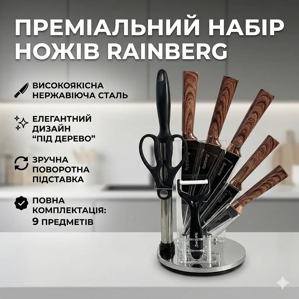 Комплект кухонних ножів Rainberg RB-2323 з аксесуарами та підставкою, неіржавка сталь, 9 предметів, коричневий колір - фото 2