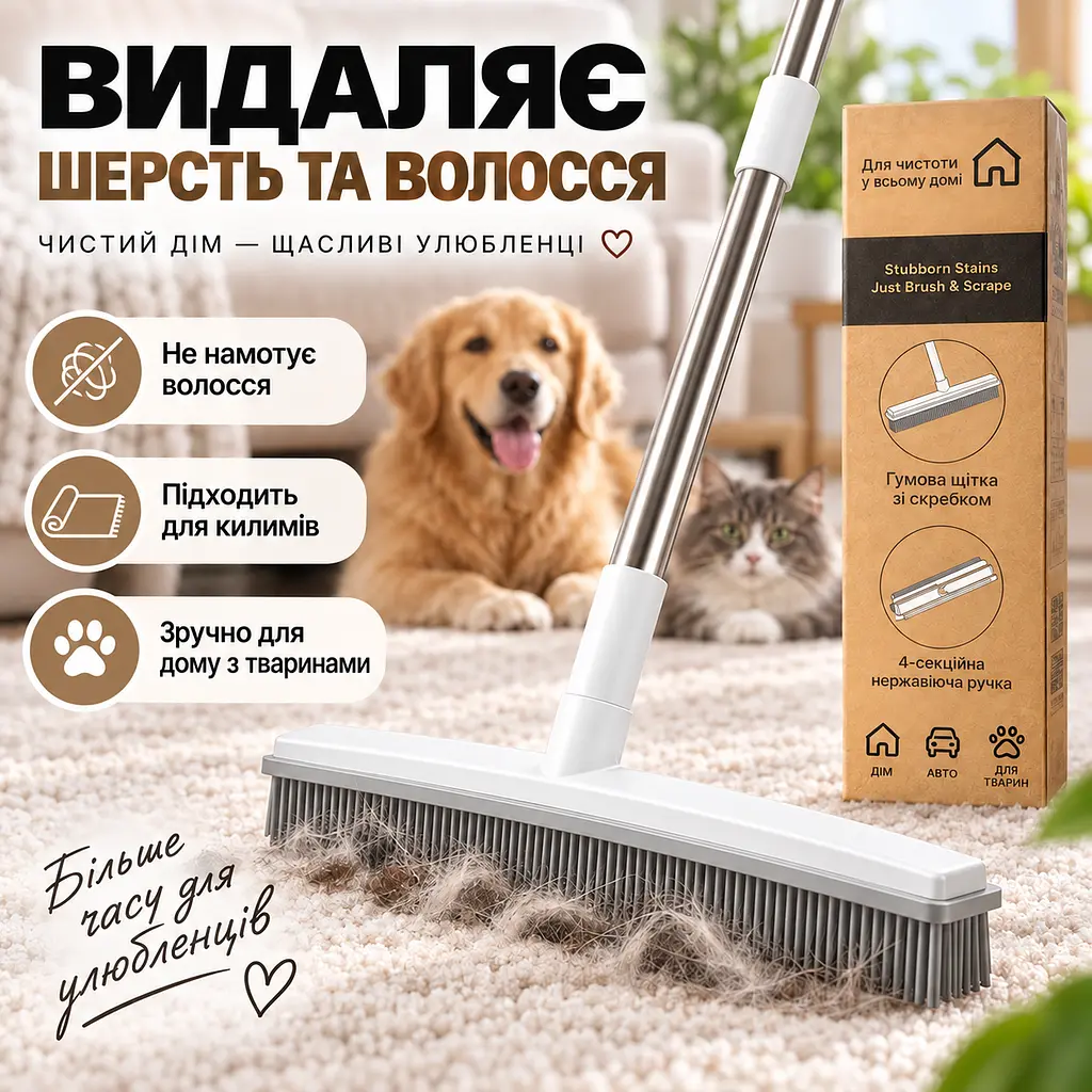 Універсальна гумова щітка-швабра 4 в 1 для підлоги, килимів, шерсті та вікон, ручка з нержавіючої сталі KT9005101 - фото 6