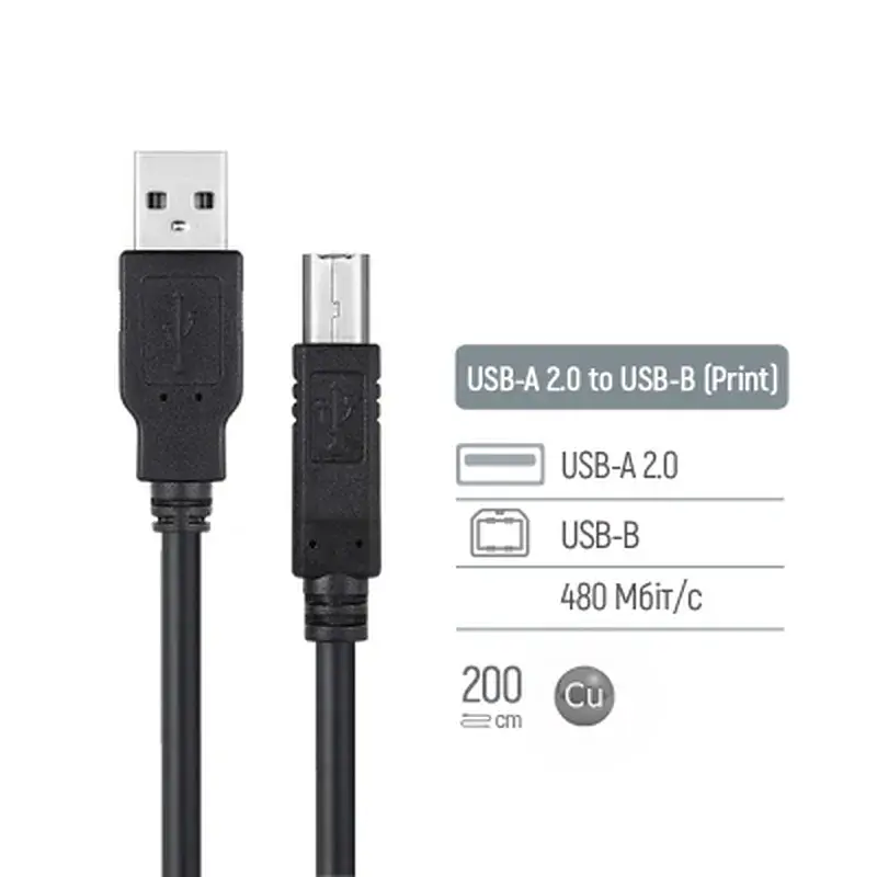 Кабель для принтера USB 2.0 AM/BM 2.0m black ColorWay (CW-CBUB072-BK) - фото 6