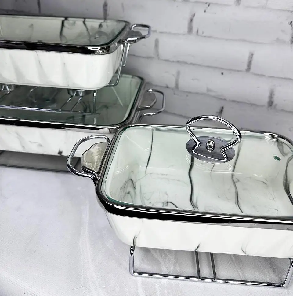 Набір з 3-х мармітів керамічних прямокутних Kitchen з кришками із скла Біло Сріблястий - фото 7