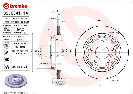 Диск гальмівний задній вентильований Bmw 5, Alpina B10 95-04р Brembo (09.6841.11) - фото 2