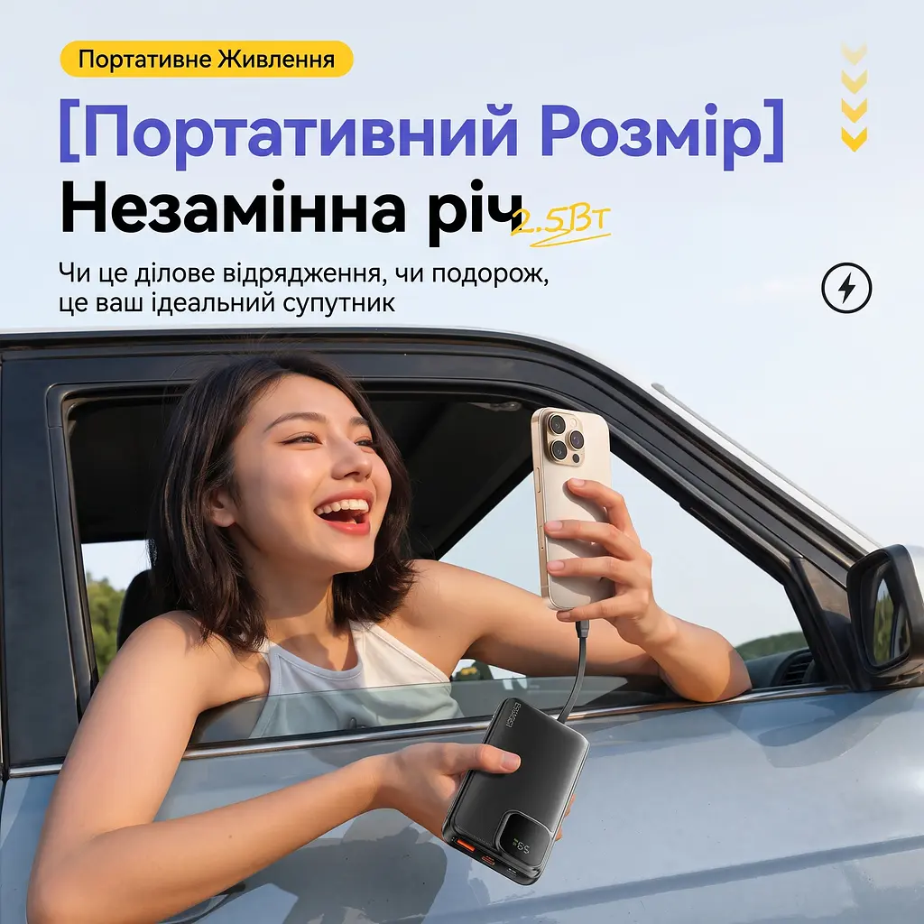 Повербанк Essager ES-D023 20000 mAh 22.5W з вбудованими кабелями USB-C та Lightning, чорний - фото 10