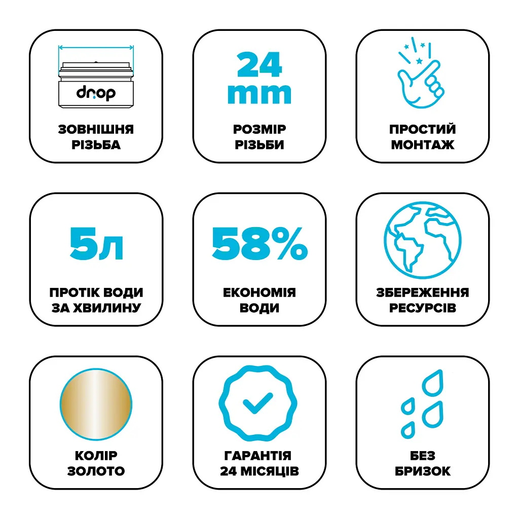 Водозберігаючий аератор Drop CL24-GLD для змішувача - Економія 58%, зовнішня М 24 мм, золотий - фото 6