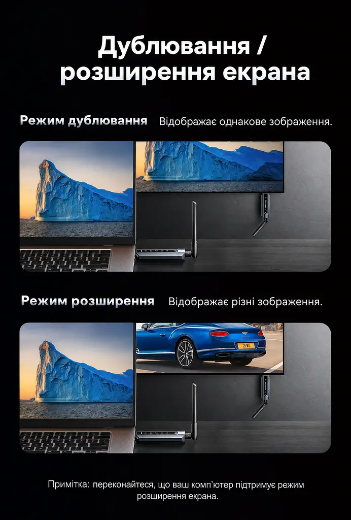 Бездротовий HDMI Vention 1 передавач і 1 приймач 1080p 60 Гц до 200 м на відкритій місцевості потрібне живлення модулів через USB-C кнопка паузи та відновлення трансляції дублювання екрана розширення екрана за підтримки комп’ютером із заводським спарюванням сіро-чорний (ADPH0-1) - фото 6