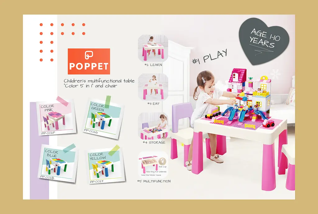 Дитячий функціональний столик і стільчик Poppet 5в1, рожевий (PP-002P) - фото 12