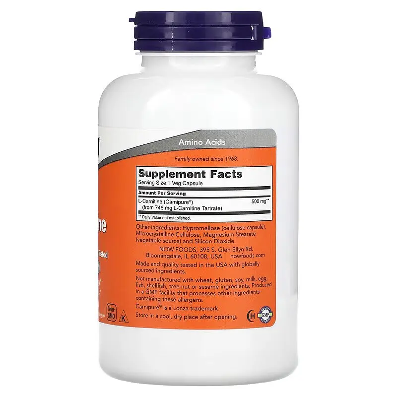 Жироспалювач NOW L-Carnitine 500 mg, 180 вегакапсул - фото 2