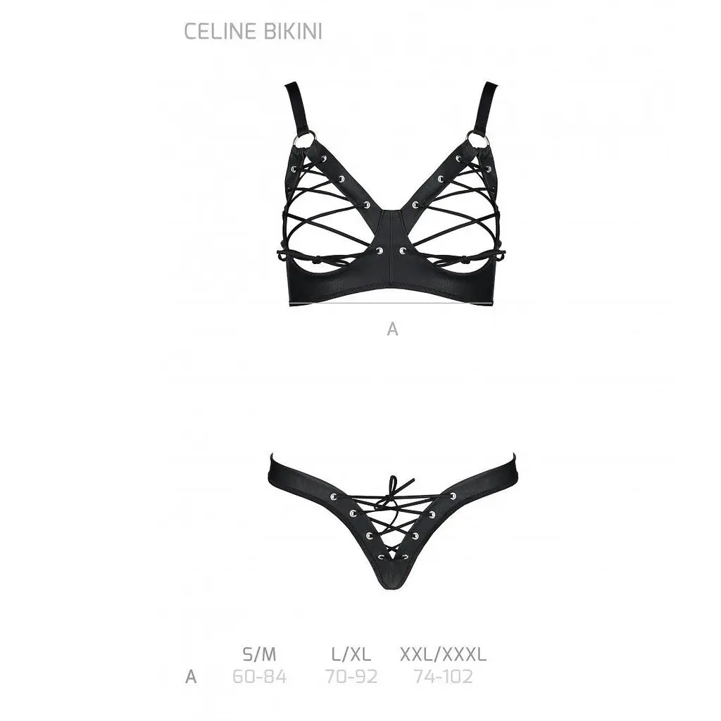 Комплект Passion CELINE BIKINI 2XL/3XL black відкритий бра з стрічками стрінги з шнурівкою, екошкіра - фото 5
