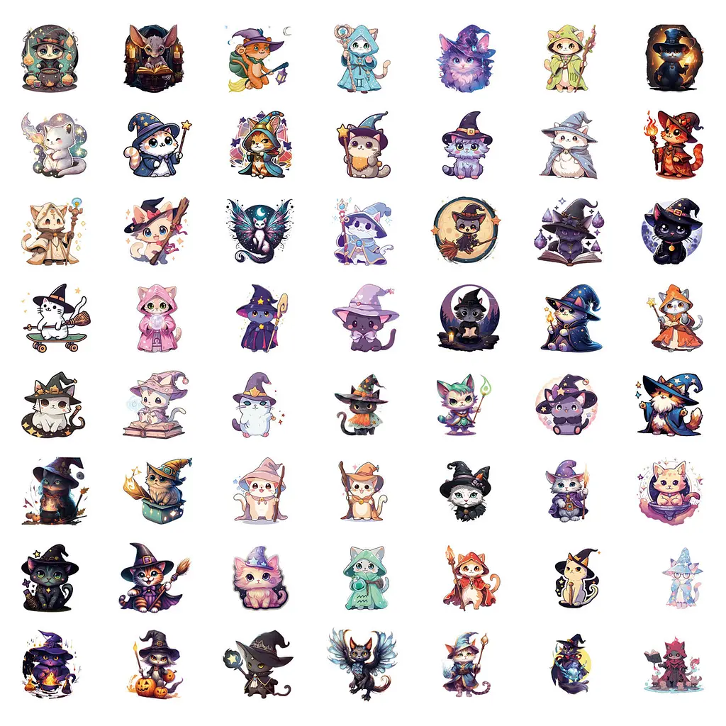Стікерпак Милий кіт Магія Набір наклейок GeekLand Magic cats 55 штук - фото 2