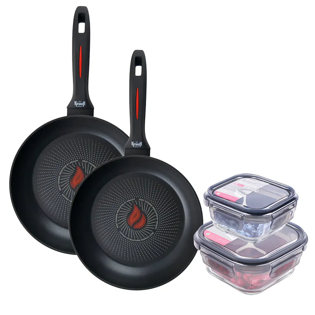 Набір сковорідок Krauff Smart Fry 24 см 26 см та скляні контейнери ArtGlass + Скляна кришка