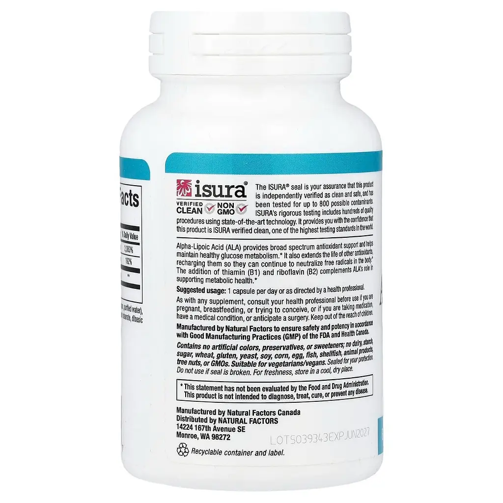 Альфа - ліпоєва кислота з вітамінами B1 та B2 600 мг Alpha - Lipoic Acid with B1 & B2 Natural Factors 60 вегетаріанських капсул - фото 3