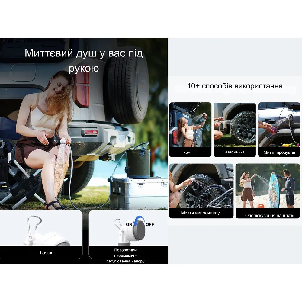 Душ портативний з насосом на акумуляторі Flextail Tiny Shower TS650WT / TS2500WT, білий - фото 41
