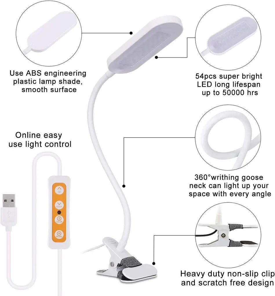 Гнучка світлодіодна лампа для читання регульоване затискне світло з 3 колірна температура регульована яскравість - фото 2