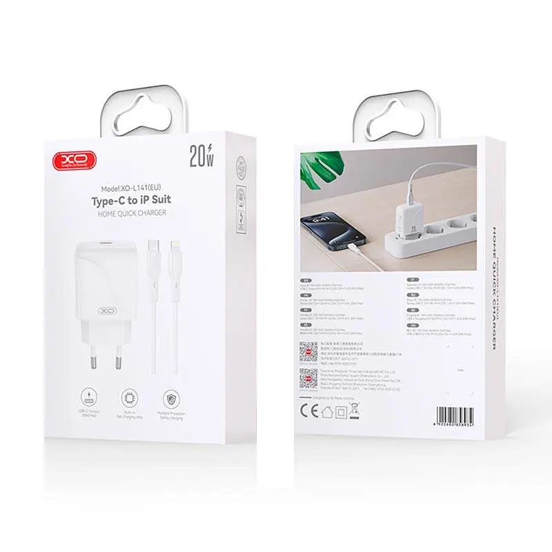 Адаптер сетевой XO Type-C to Lightning Cable Single USB-C Fast Charger L141 20W/3A, PD/QC| - фото 2
