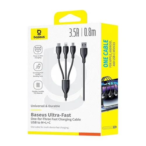 USB кабель Baseus Ultra-Fast 3in1 Fast Charging Cable USB для M+L+C 3.5A 0.8m чорний - фото 2