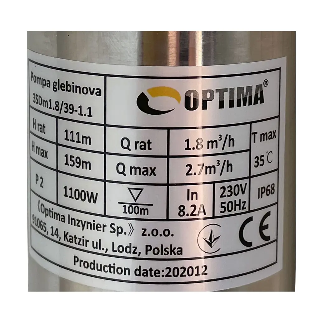Насос свердловинний з підв, стійк, до піску 3″ Optima 3SDm1,8/39 1,1 кВт 159м +пульт+кабель 1,5мNEW 000021402 - фото 2