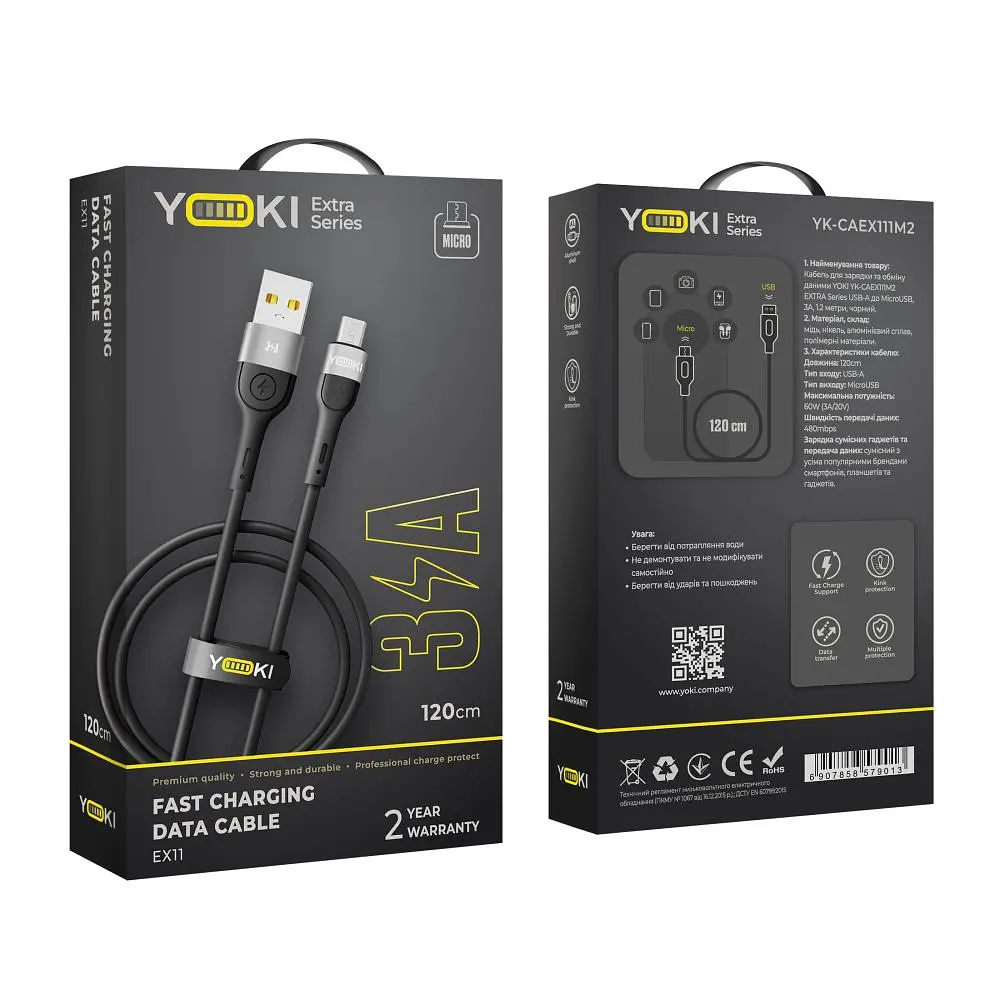 Кабель для заряджання та обміну даними USB Yoki YK-EX11 EXTRA Series USB / MicroUSB 60W 3A/20V 1.2 m Black - фото 2