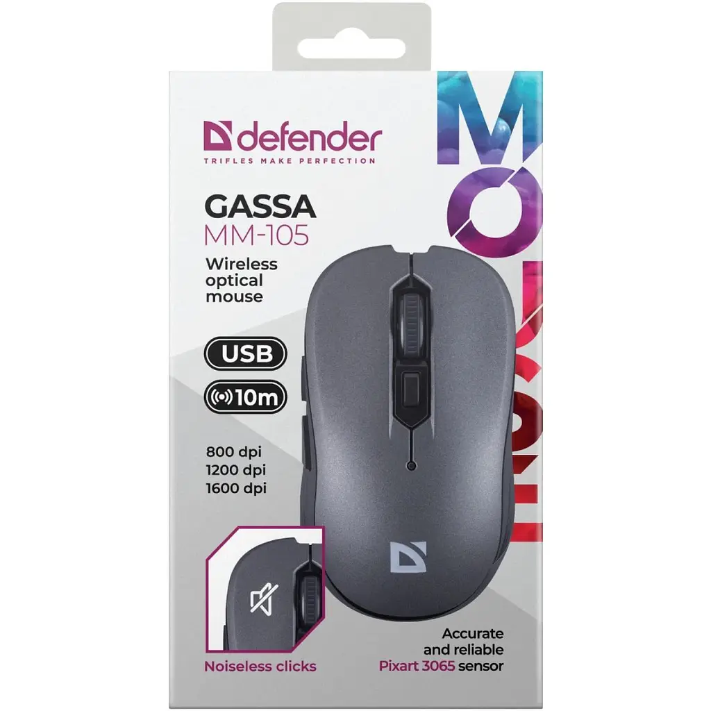 Комп'ютерна мишка Defender Gassa MM-105 бездротова 6 кн. 1600 dpi безшумна сіра (52104) - фото 3
