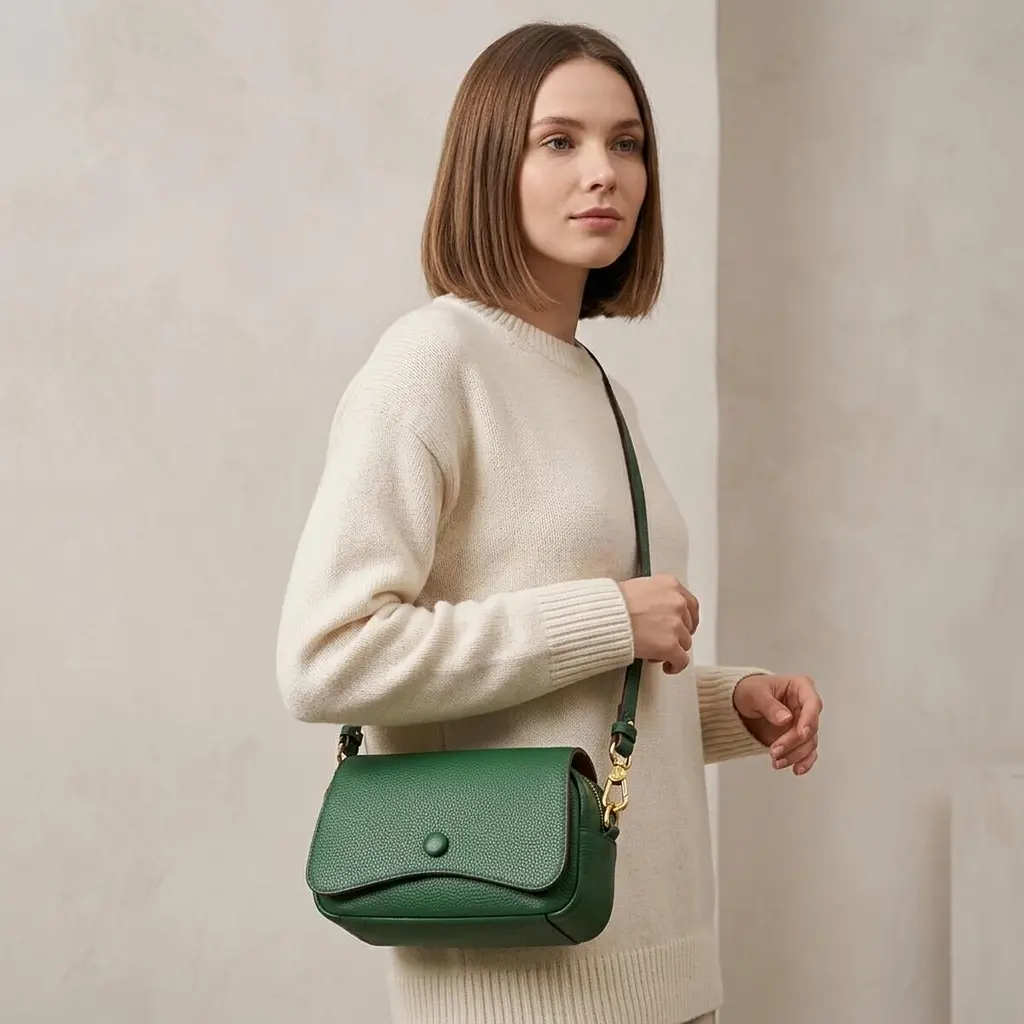 Шкіряна сумка жіноча в красивому кольорі і з фігурним клапаном Vintage 22430 зелена - фото 2