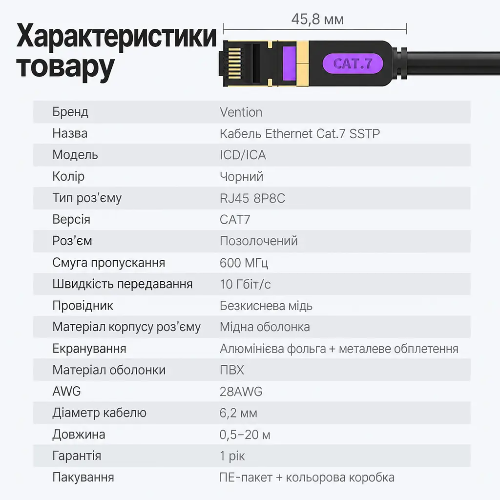 Мережевий патч-корд Ethernet Vention 10 м LAN-кабель штекери RJ45 8P8C на обох кінцях Cat.7 10 Гбіт/с 10 Гбіт/с лише якщо обидва порти підтримують цей режим смуга пропускання 600 МГц екранування алюмінієвою фольгою та металевим обплетенням чорний із фіолетовими та золотистими акцентами роз’ємів (ICDBL) - фото 9