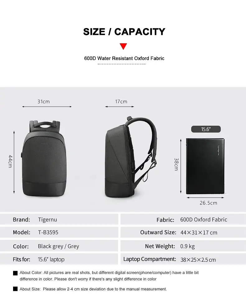Рюкзак міський Tigernu T-B3595 з USB портом та відсіком для ноутбука 15.6'' 19л Black (19388) - фото 6