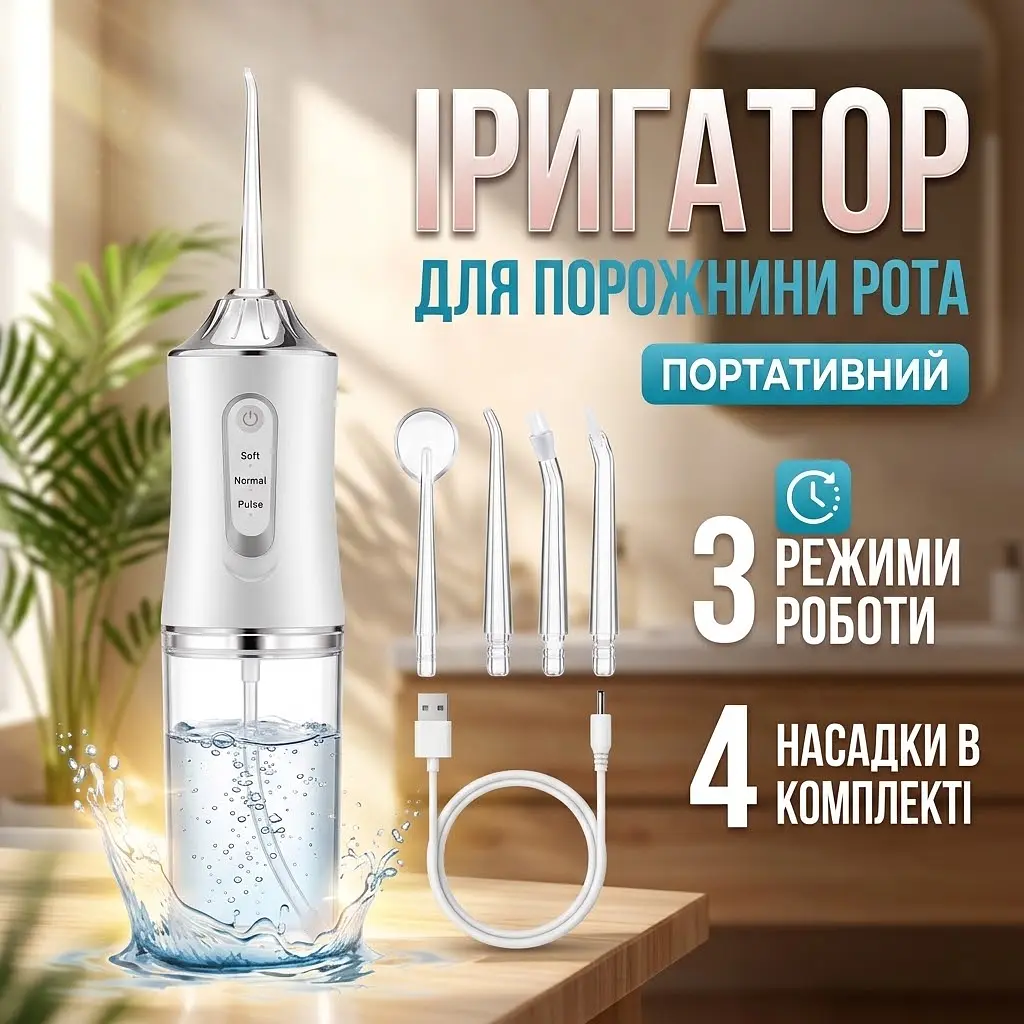 Іригатор портативний для порожнини рота Irrigator 8668 для зубів та брекетів три режими роботи Білий - фото 3