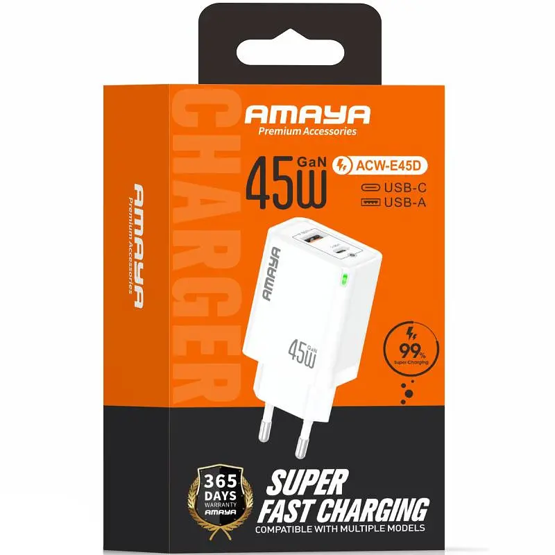 МЗП E45D PD45W+QC3.0 GaN (1USB-A/1C) White Amaya teh0029577 - фото 2