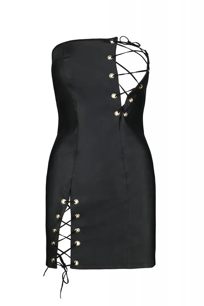 Мини-платье из экокожи Passion Celine Chemise black шнуровка трусики в комплекте 4XL/5XL - фото 3