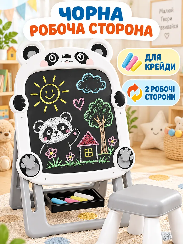 Дитячий мольберт для малювання двосторонній магнітний з табуретом і набором для творчості, для маркерів і крейди, біло-сірий - фото 5