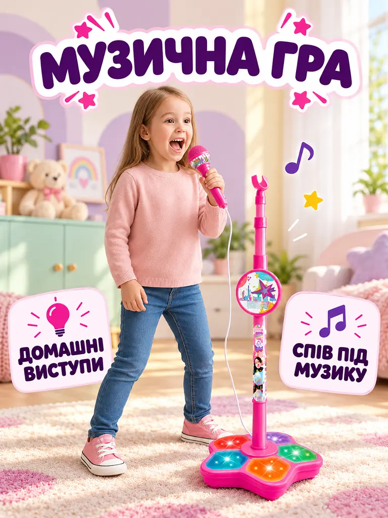 Дитячий мікрофон на регульованій стійці зі світловими ефектами для співу рожевий (37261588) - фото 9