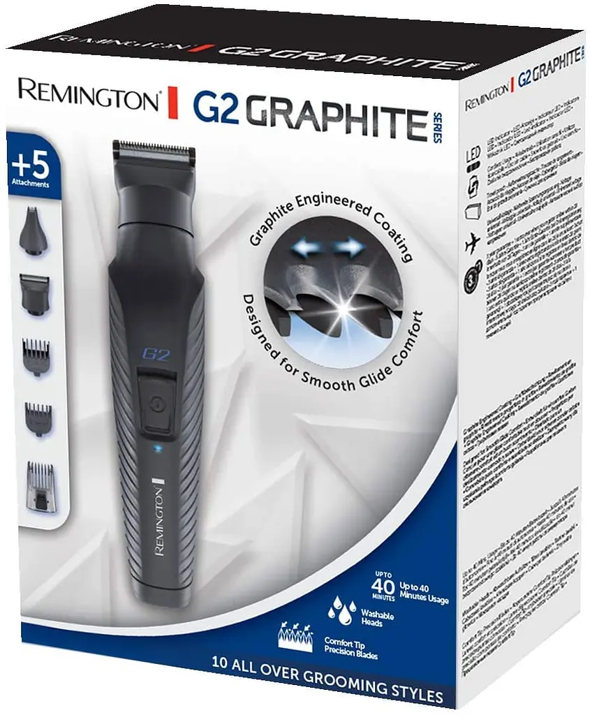 Набір для стрижки Remington G2 Graphite, для голови, вусів, бороди, носа і тіла, акум., насадок-5, чорний - фото 6