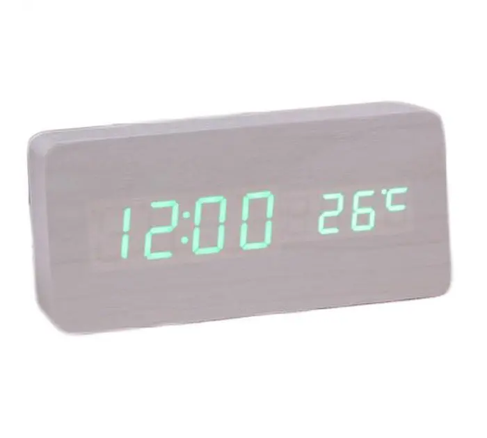 Електронні настільні LED годинники прямокутні під дерево WOODEN CLOCK VST 862 білий Зелене підсвічування - фото 3
