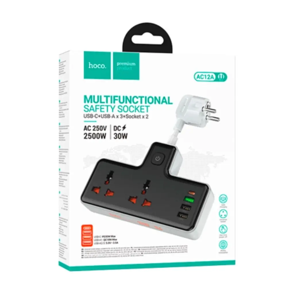 Мережевий фільтр живлення HOCO AC12A, 2 роз, 3 USB. USB-C, 30W, 1м, Black (AC12AB) - фото 3